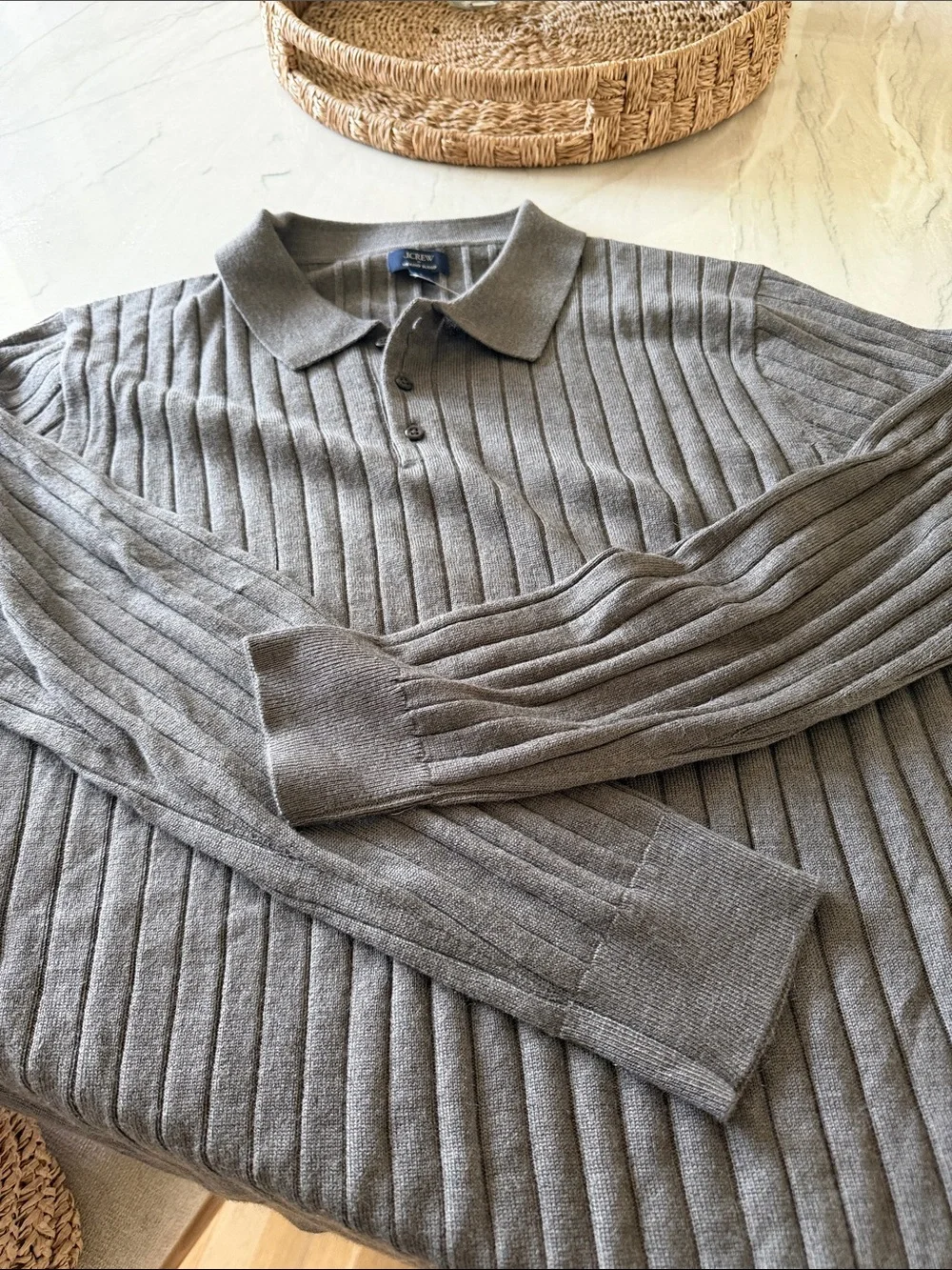 J Crew Classic Gray Ribbed Polo Sweater - Men